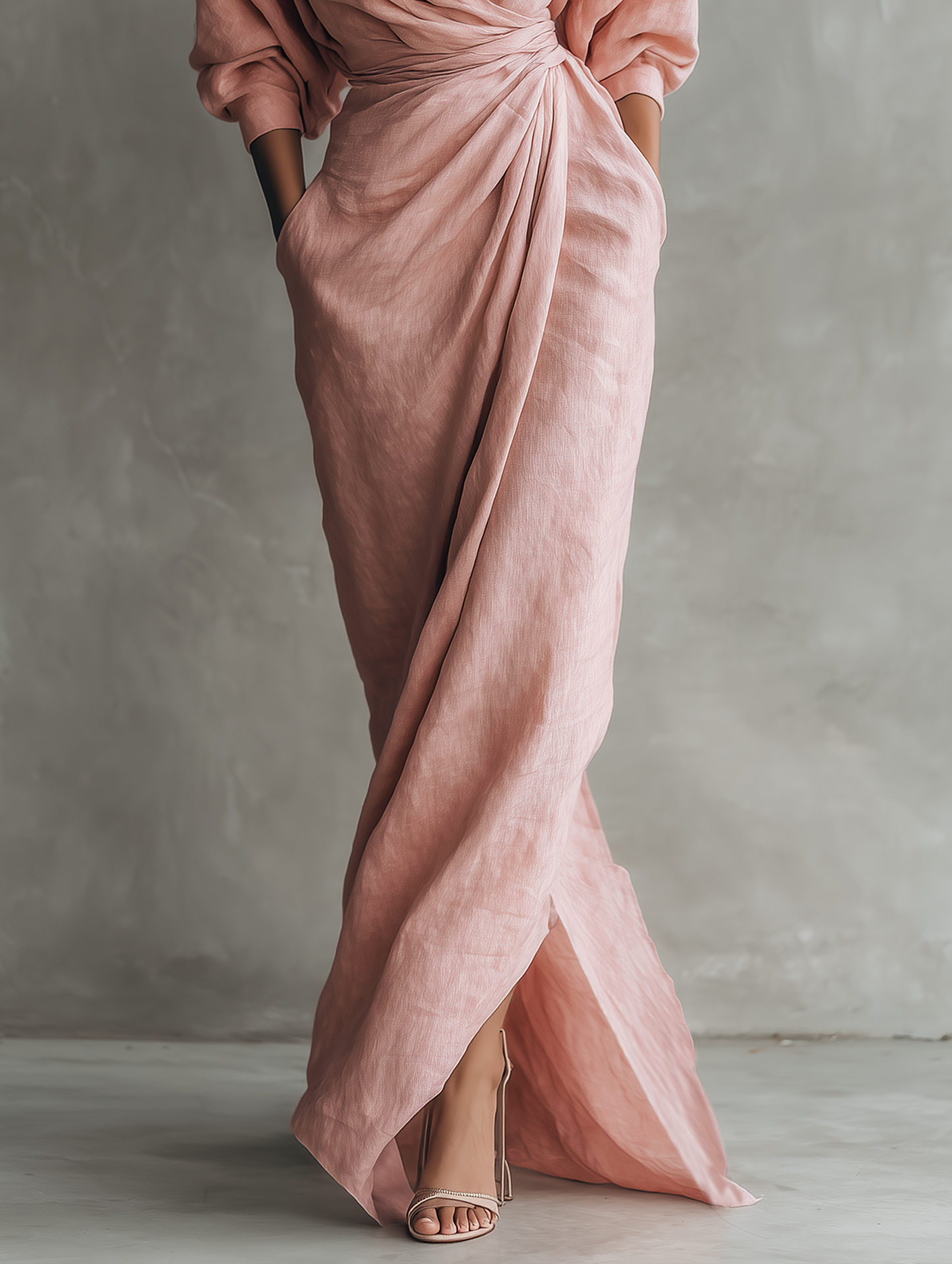 Jill - Vestido largo minimalista en rosa con cuello en V, confeccionado en mezcla de lino, para mujer