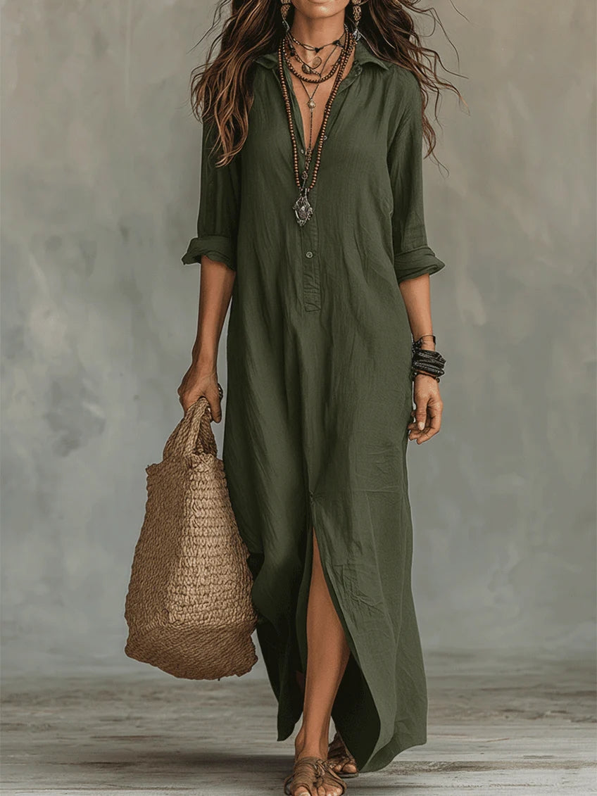 SOLINE™ - VESTIDO MAXI NEGRO CON BOTONES