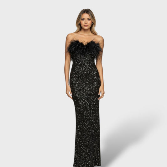 ISADORA - VESTIDO MAXI DE LENTEJUELAS Y PLUMAS