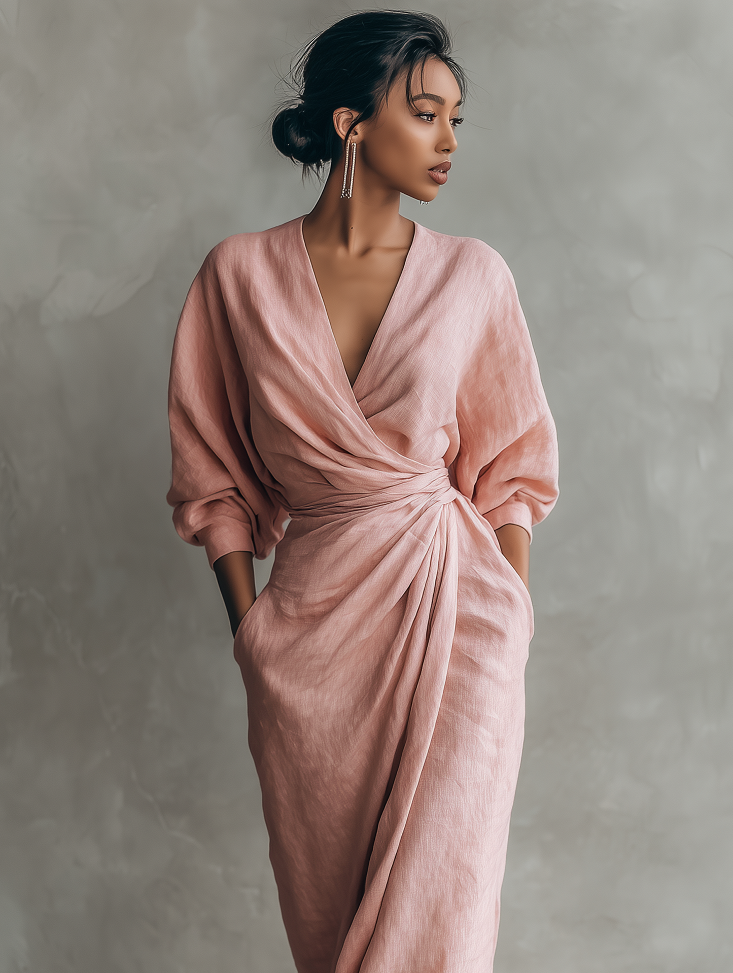 Jill - Vestido largo minimalista en rosa con cuello en V, confeccionado en mezcla de lino, para mujer