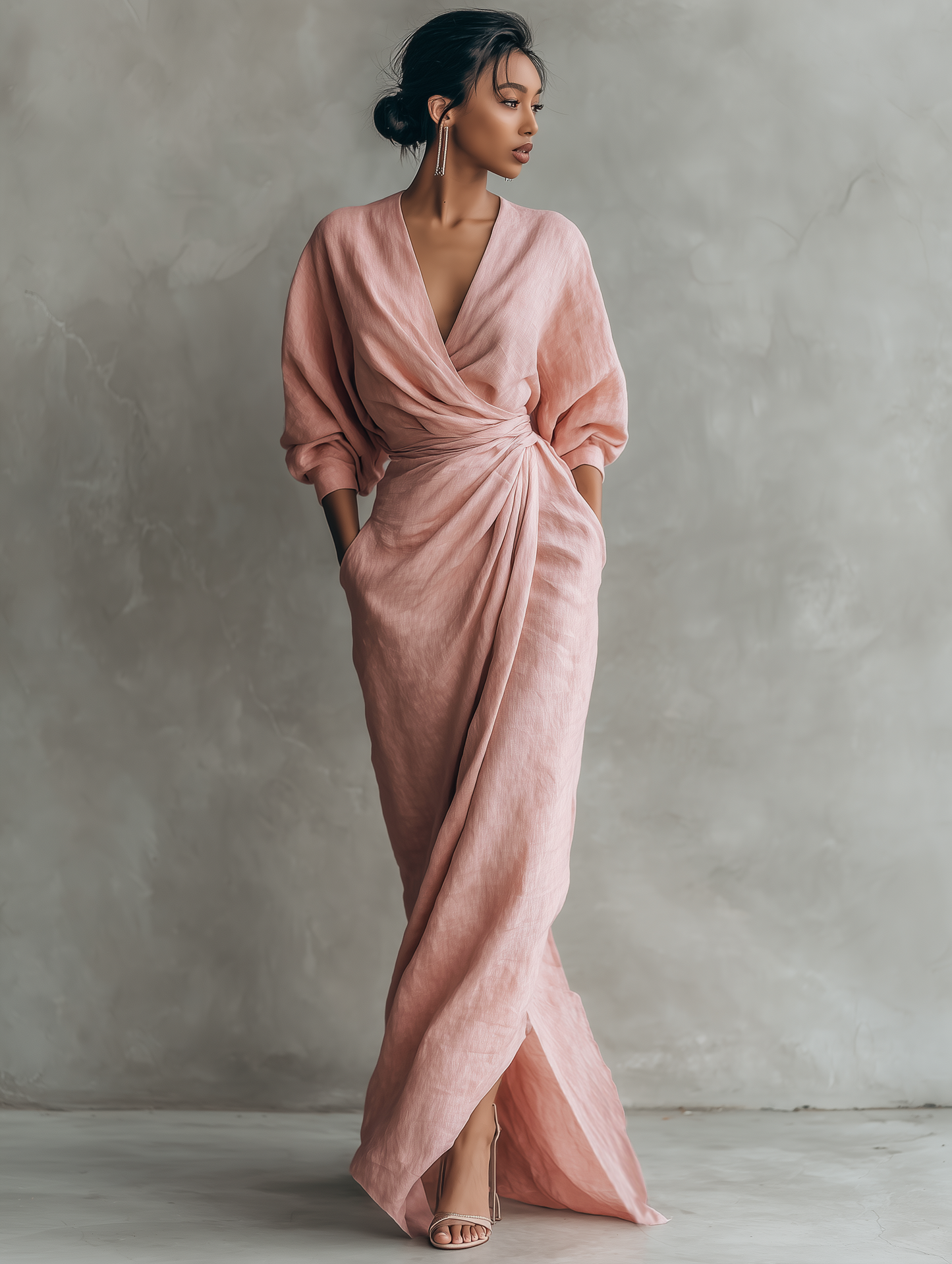 Jill - Vestido largo minimalista en rosa con cuello en V, confeccionado en mezcla de lino, para mujer