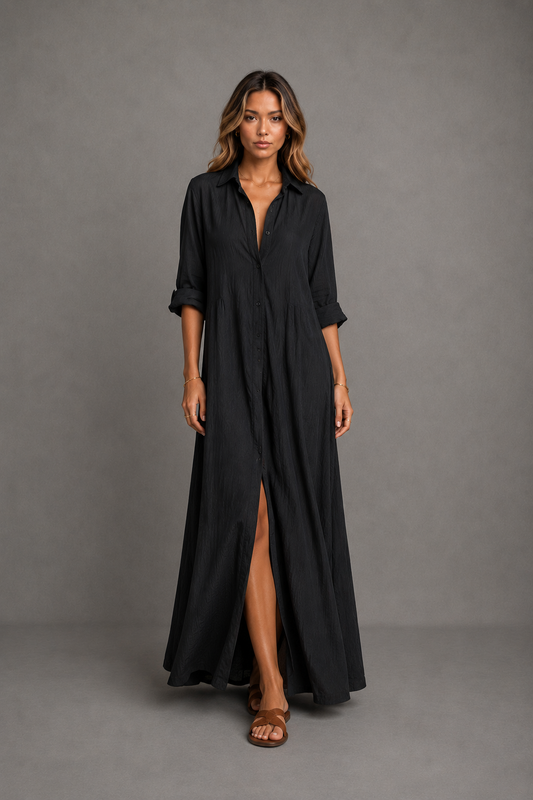 SOLINE™ - VESTIDO MAXI NEGRO CON BOTONES