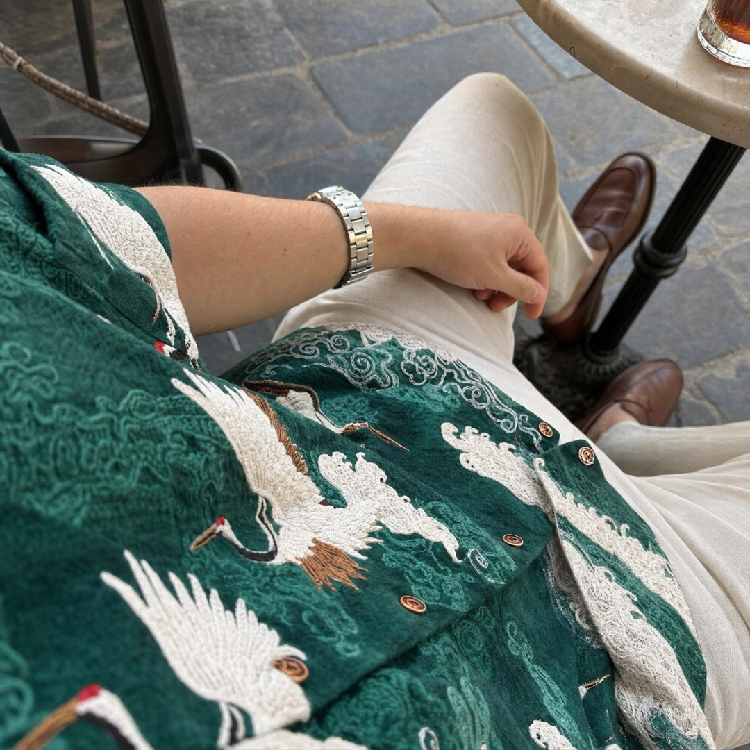 Aurelio — Sommerhemd mit erhabenem Kranichmuster