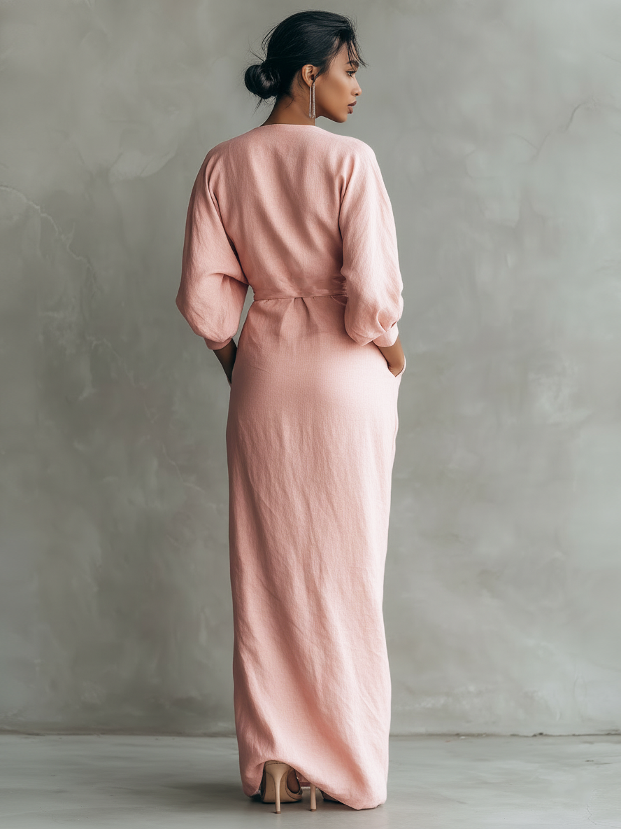 Jill - Vestido largo minimalista en rosa con cuello en V, confeccionado en mezcla de lino, para mujer