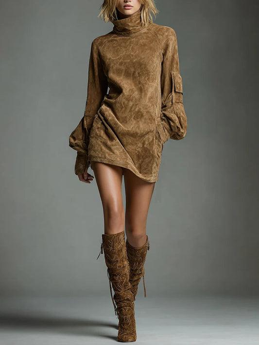 Bibiane | Vestido Mini Oversized de Efecto Ante con Cuello Alto
