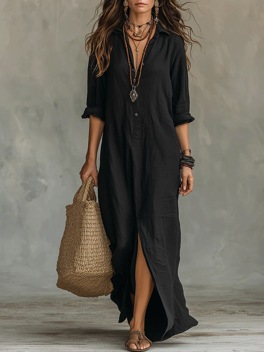 SOLINE™ - VESTIDO MAXI NEGRO CON BOTONES