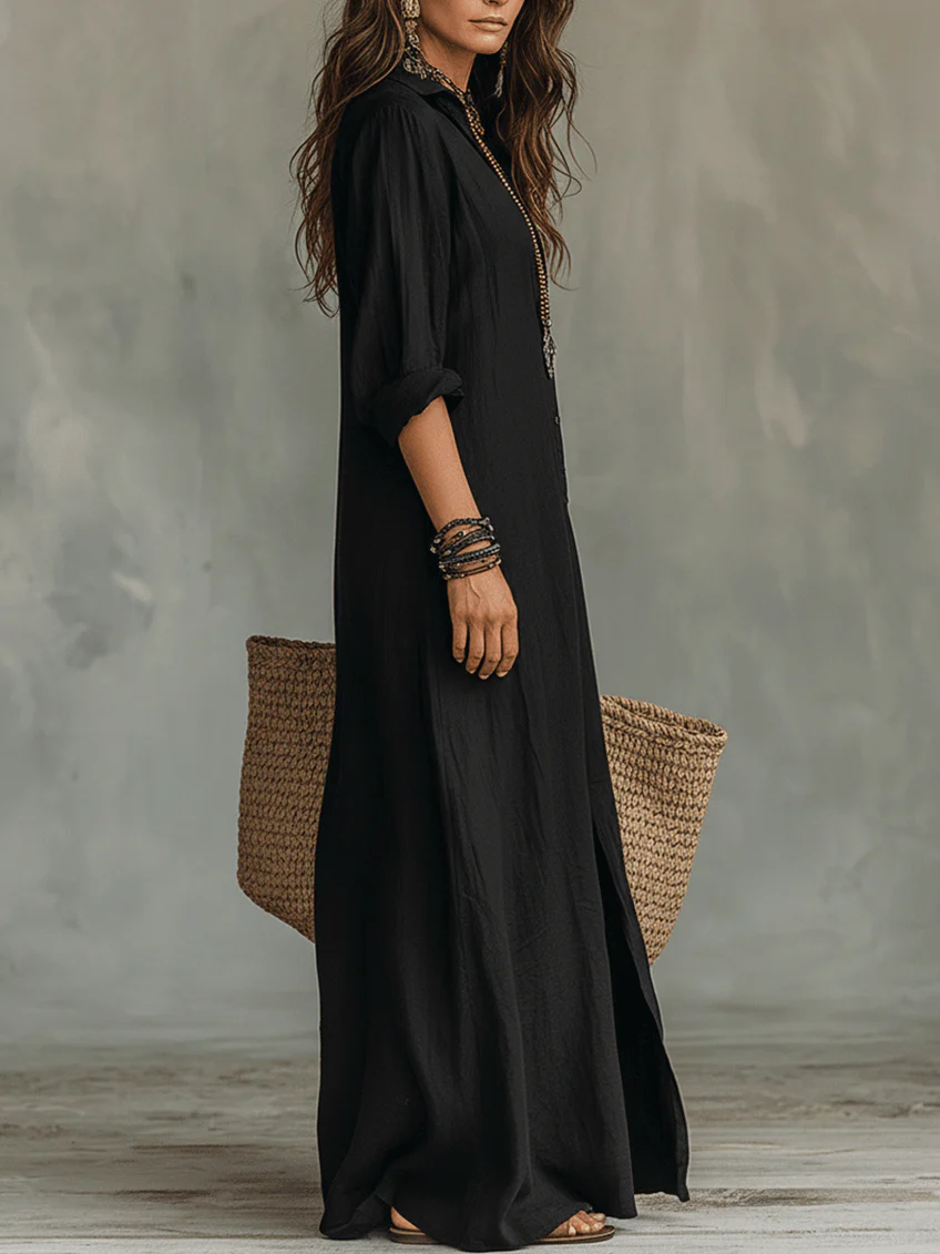SOLINE™ - VESTIDO MAXI NEGRO CON BOTONES