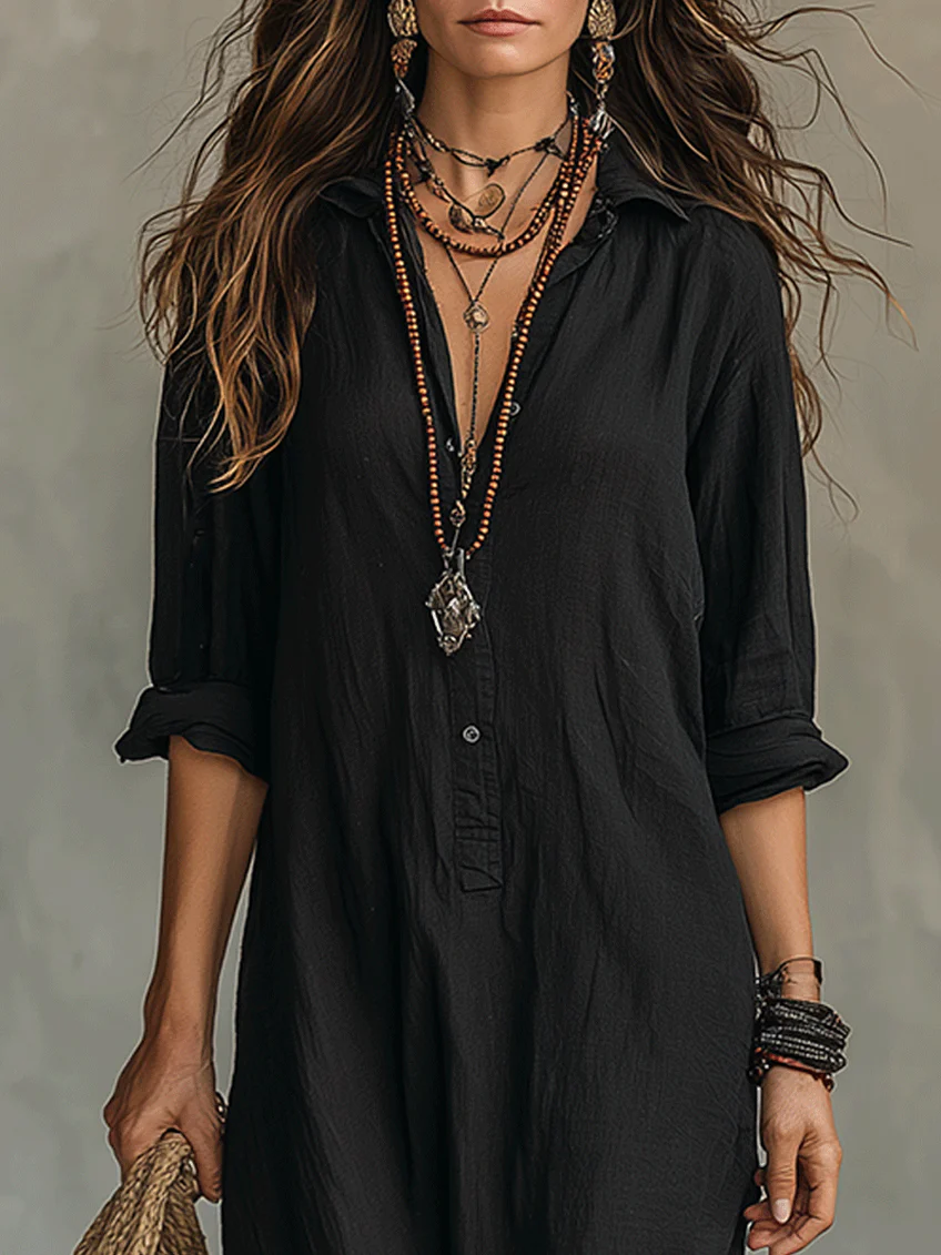 SOLINE™ - VESTIDO MAXI NEGRO CON BOTONES