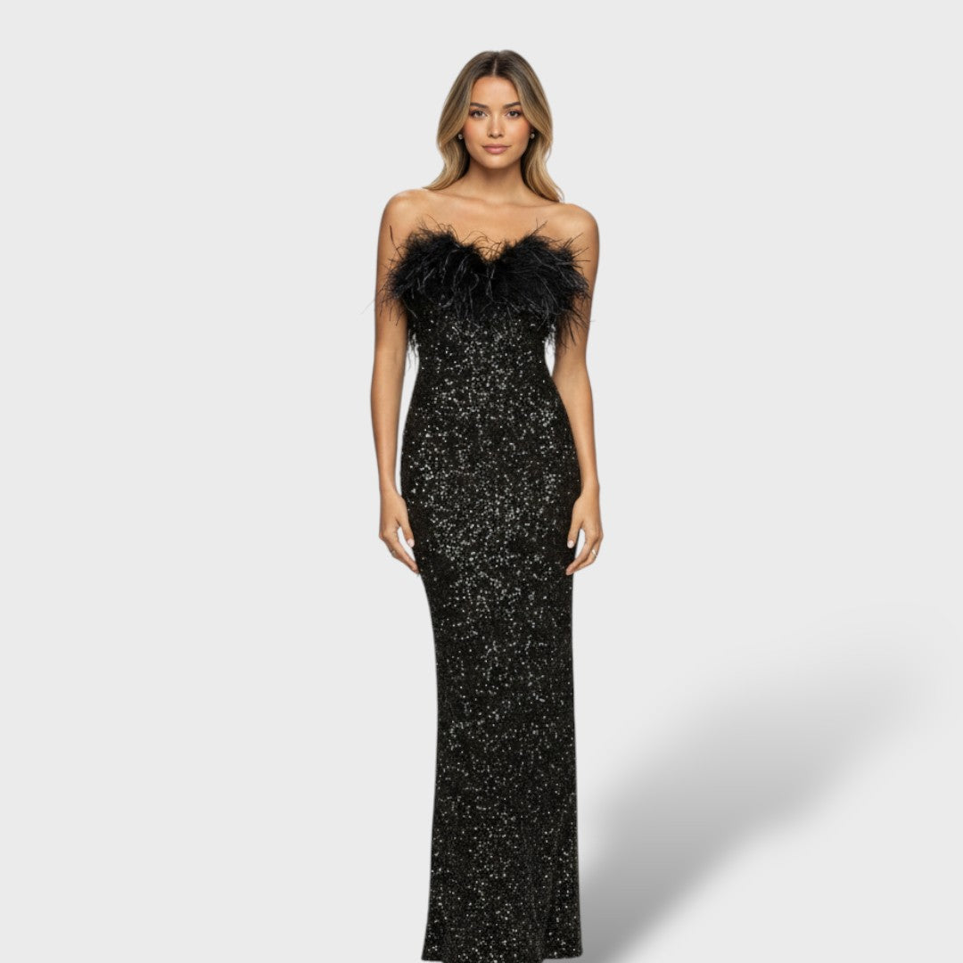 ISADORA - VESTIDO MAXI DE LENTEJUELAS Y PLUMAS